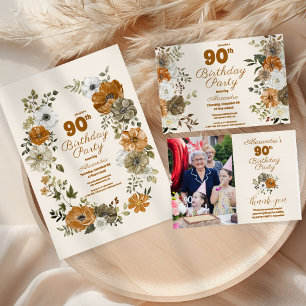 Tarjeta De Agradecimiento Foto Elegante Boho Floral 90 cumpleaños