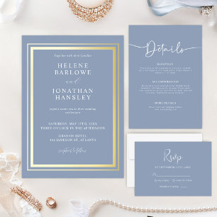 Invitación Dusty Blue Gold Modern Minimalista elegante Weddin