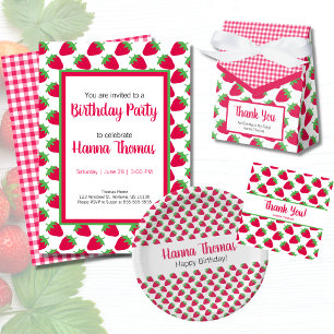 Invitación Little Girl Strawberry Pattern Green Pink Birday