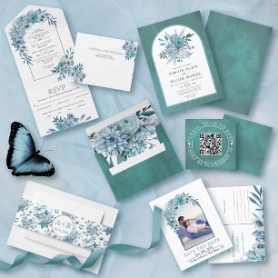 Invitación Todo En Uno Flores verde azuladas y azul acuático y boda arca