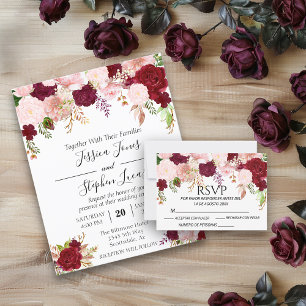 Lámina Rubor Rosa Borgoña Floral Acuarela Romántica Invit