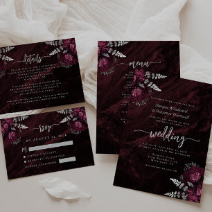 Tarjeta De Recepción Borgoña Plata Floral Agate Script Wedding RSVP