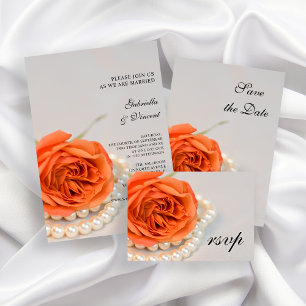 Invitación Boda de Perlas Blancas y Rosa naranja salva la fec