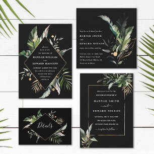 Invitación Boda negro de follaje tropical salvaje