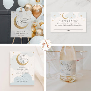 Invitación Con Relieve Metalizado Sobre el Baby Shower azul de la luna de oro