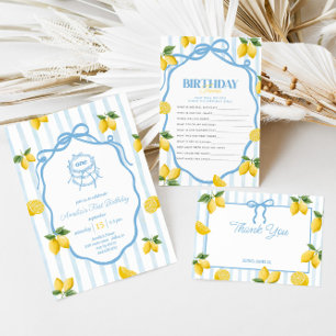 Tarjeta De Agradecimiento Chicas Whimsical Blue Bow Lemon Amalfi Cumpleaños