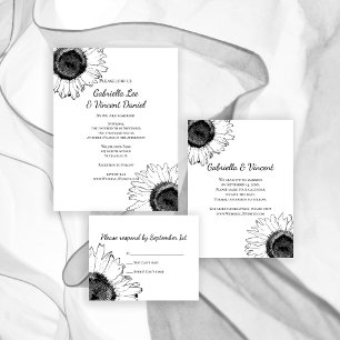 Tarjeta RSVP de boda de girasol blanco y negro