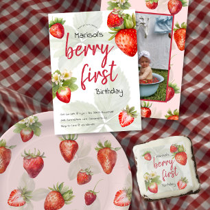 Invitación Berry First Watercolor Fresa Primer Cumpleaños