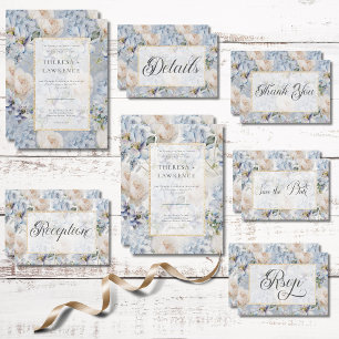 Invitación Boda de marco dorado floral azul y blanco ruso