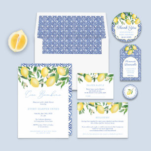 Tarjeta De Recepción Lemons Blue Tiles Diaper Raffle Boy Baby Shower