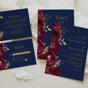 Tarjeta De Confirmación De Asistencia Detalles del Boda azul de la Marina Floral de Oro 