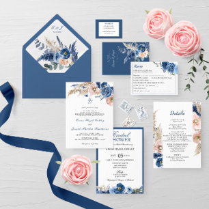 Invitación Con Relieve Metalizado Boda floral de moda azul pastel Boho y azul celest