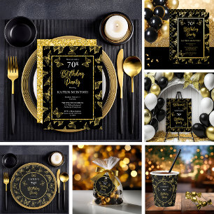 Invitación Elegante Butterflies Black Gold Fiesta de cumpleañ
