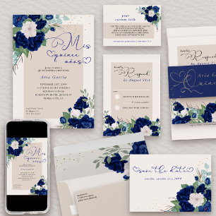 Invitación Mi Quince Anos Real Floral de la Marina Azul Quinc