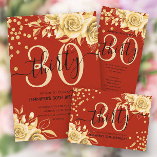 Lona Glam Gold Red Floral Purpurina 30th Birthday Scrip