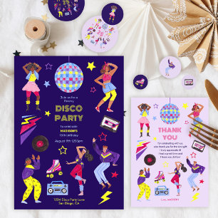 Tarjeta De Agradecimiento Chicas de Groovy Disco Lila Fiesta Retro 80