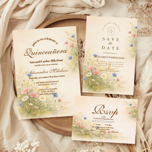 Invitación Quinceañera Pradera Dorada de Flores Silvestres