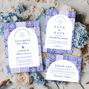 Reserva La Fecha Boda de Patchwork de Porcelana Azul Clásico