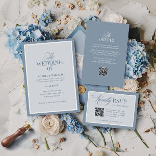 Tarjeta De Confirmación De Asistencia Clásico de Lujo   Código QR Elegante Boda Azul Pol