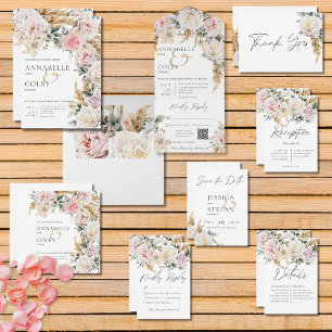 Invitación Boho Pampas y rosas rosas rosadas Boda blanco