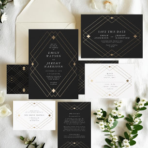 Tarjeta De Recepción Boda de gatsby de deco geométrico de diamante negr