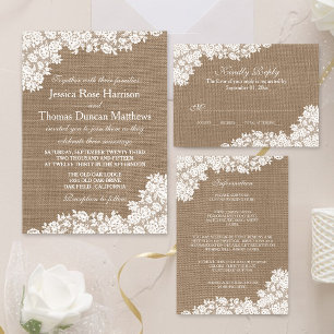 Invitación Colección Rustic Burlap & Vintage White Lace