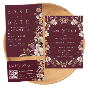 Invitación Burgundy Boho, flor silvestre rusa, salva la fecha