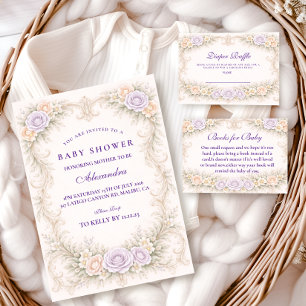 Invitación Ducha de Bebé Ornada con Rosa Lavanda