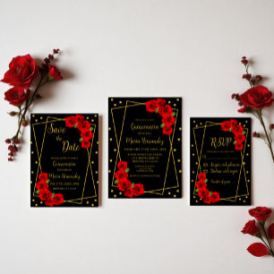 Pegatina Redonda Rosa Roja Negro y Quinceañera de oro