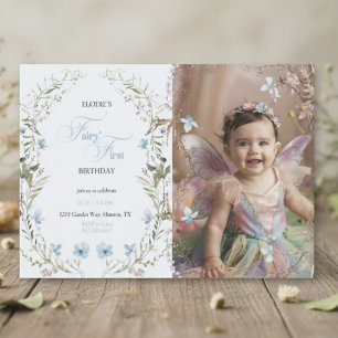 Pegatina Cuadrada Invitación de primer cumpleaños de hada   Azul ele