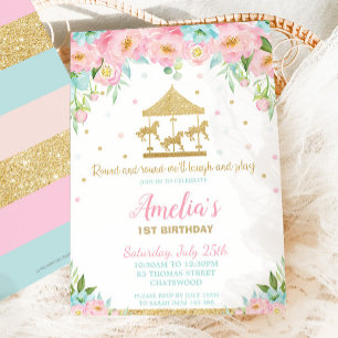 Invitación Carrusel floral de menta rosa primer Fiesta de cum