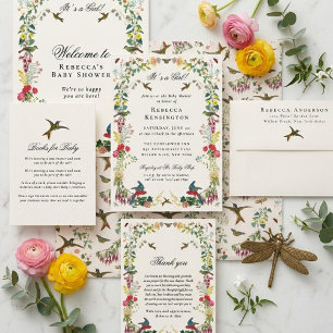 Invitación Ducha de Bebé Vintage Floral Colibrí
