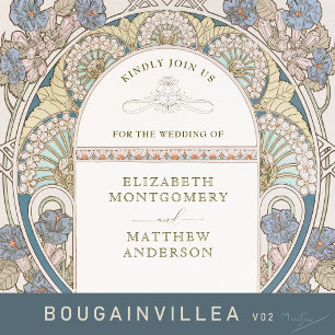 Invitación Con Relieve Metalizado Bougainvillea Oro Azul Boda Art Nouveau Mucha