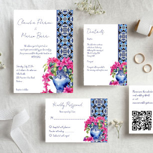 Reserva La Fecha Blue French Tiles Bougainvillea boda elegante