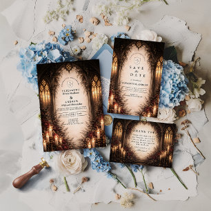 Tarjeta De Agradecimiento Boda con velas en catedral gótica