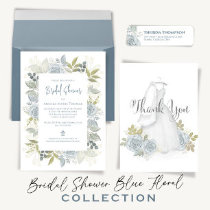 Invitación Floral Dusty Blue Bridal Shower QR Code Event Pági