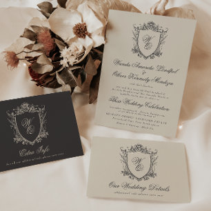 Tarjeta De Recepción Monograma Información de Boda de Escudo floral for