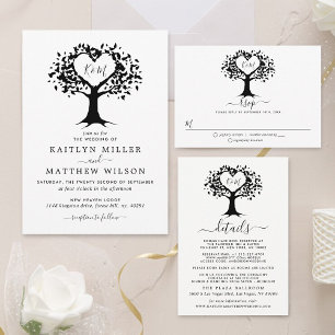 Invitación Todo En Uno Monograma simple negro y blanco Boda de árbol del 