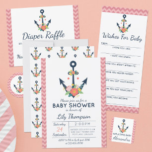 Pegatina Redonda Nautical Anchor Floral Baby Shower Fiesta