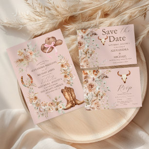 Invitación Boda occidental con flores de boho rosa