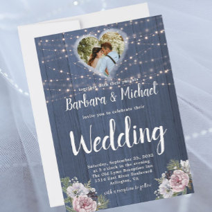 Invitación Rústica Wood Twinkle Luces Foto Boda Floral