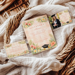 Tarjeta De Agradecimiento Graduación floral de gingham tropical