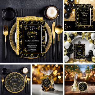 Invitación Con Relieve Metalizado Elegante mariposas 21 cumpleaños Fiesta Oro Negro