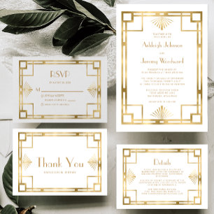 Tarjeta De Recepción Vintage 1920s Deco Gold Frame White Wedding RSVP