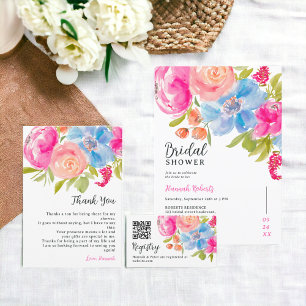 Tarjeta De Agradecimiento Lluvia de boda en acuarela floral rosa azul bohemi