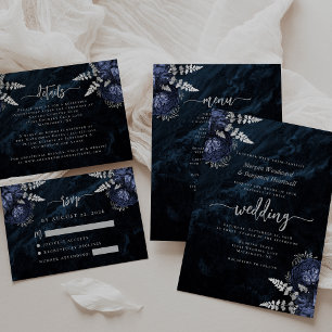 Tarjeta De Recepción Boda elegante RSVP en azul marino y plata con flor