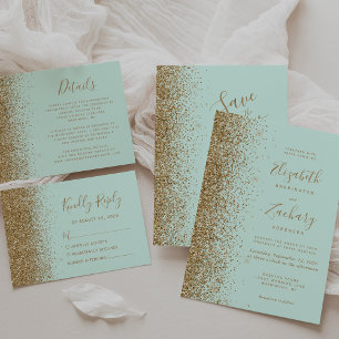 Tarjeta De Confirmación De Asistencia Boda Verde Menta Glitter Dorado Moderno