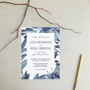Invitación Dusty Blue Modern Floral Leaf Watercolor Boda