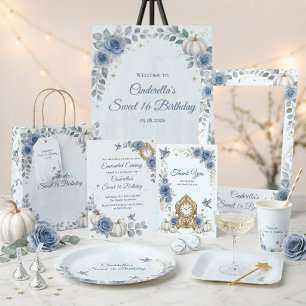 Tarjeta De Agradecimiento Azul Polvoriento Cinderella Dulce 16 Cuento de Had