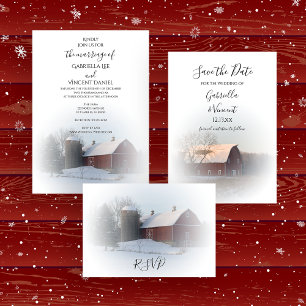 Boda de invierno cubierta de nieve y silo RSVP